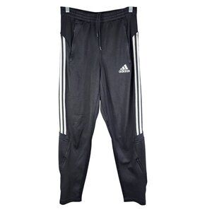 Mens Black Adidas Track Pants 3 White Stripes 100% Polyester Drawstring Size S